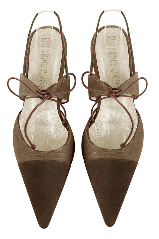 Chocolate brown and camel beige women's open back shoes, with an instep strap. Pointed toe. Low comma heels. Top view - Florence KOOIJMAN
